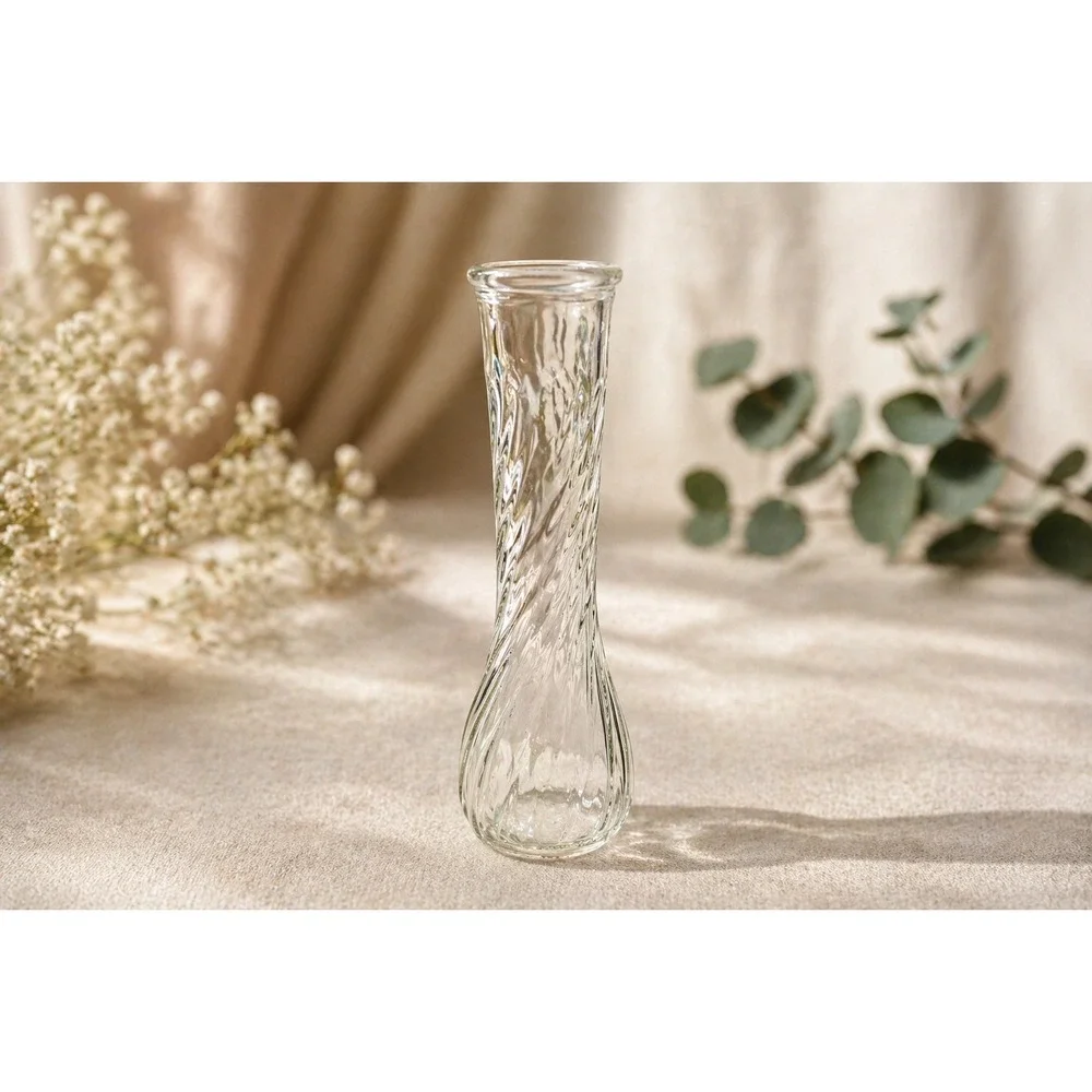 Vintage Clear Glass Spiral Bud Vase Ribbed Swirl Design 9 Inch Tall‎ Home Decor